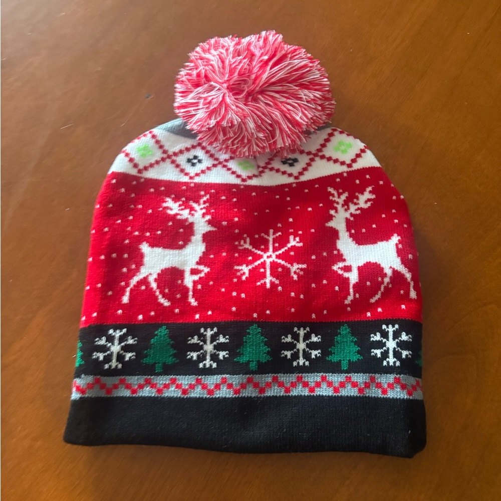 Cozy Red Reindeer Pom-Pom Beanie